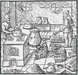 Gravyr från De re metallica (Om metallernas natur), av Georg Pawer eller Georgius Agricola (1494-1555), publicerad i Basel av Georgius Agricola