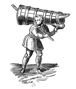 En lärling, bärande ett träkärl lika högt som han själv, på väg för att hämta vatten, 1572 av Georgius Braun
