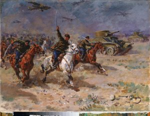 Attack (Röda arméns tankar och kavalleri under oktoberrevolutionen) - Attack - Målning av George (Georgy, Georgi) Konstantinovich Savitsky (1887-1949), olja på duk av Georgiy Konstantinovich Savitsky