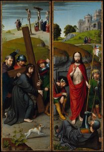 Kristus som bär korset, med korsfästelsen, uppståndelsen, med pilgrimerna..., ca. 1510. av Gerard David