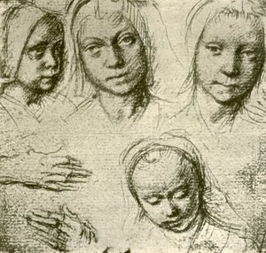 Fyra huvuden av en ung flicka och två händer, c1500-1505, 1908. av Gerard David