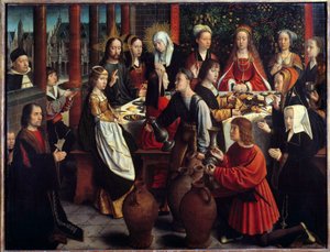 Bröllopet i Kana Vattnets mirakel förvandlas till vin under en bröllopsbankett dit Jesus och Maria är inbjudna. Målning av Gerard David (1460-1523) Sön. 1x1,28 m