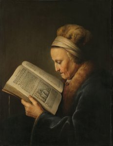 Gammal kvinna som läser Gammal kvinna läser en Lectionary: det så kallade porträttet av Rembrandts mor, Neeltgen Willemsdr van Zuijdtbroeck (d. 1640)