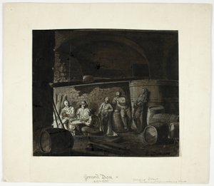Vinkällare med män som spelar kort av Gerrit Dou