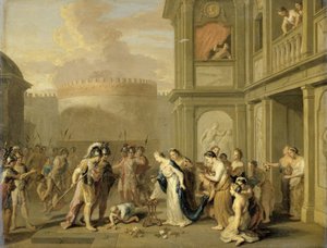 Drottning Cleophis erbjuder vin till Alexander den store efter hans erövring av Mazaka av Gerard Hoet (I)