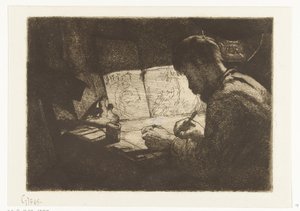 Självporträtt bakom ritbordet av Gerard Jan Bos (signed by artist)