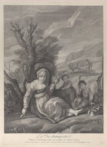 En lantkvinna som sitter i landskapet med två pojkar vid sin sida, 1729-40. av Gerard Jean Baptiste Scotin