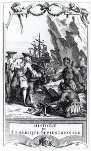Frontispice för Histoire de lAmerique septentrionale av Bacqueville de La Potherie (1663-1736), publicerad 1753 (bw foto) av Gerard Jean Baptiste Scotin