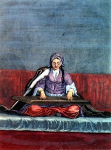 Turkisk flicka som spelar citern, graverad av Gerard Jean Baptiste Scotin (1671-1716) (gravyr)
