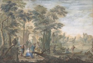 Arkadiskt landskap med flera figurer och en staty av Diana, 1700-tal.