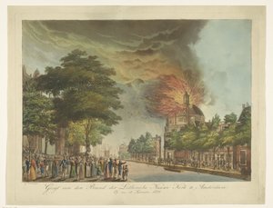 Brand i den nya lutherska kyrkan på Singel i Amsterdam, 18 september 1822 Utsikt över märket av den lutherska nya kyrkan i Amsterdam (titel på objekt) av Gerard Overman