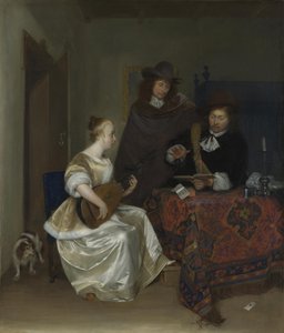 En kvinna som spelar en Theorbo till två män, ca 1668