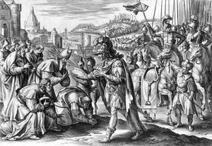 Saint Loup, biskop av Troyes får Attila (gravyr)
