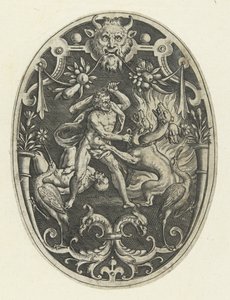 Ytdekoration: Hercules dödar monstret Geryon Ovala ytdekorationer med Herkules gärningar i grotesker (serietitel)