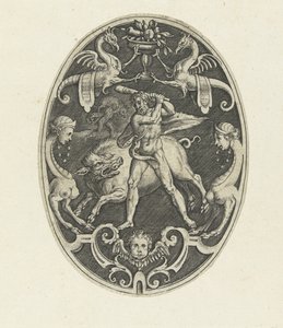 Ytdekoration: Hercules fångar den erymantiska galten Ovala ytdekorationer med Herkules gärningar i grotesker (serietitel) av Gerard de Jode