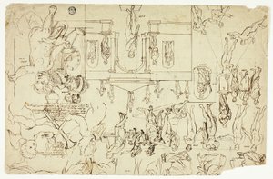 Kopior efter avbildningar av statyer och målningar (recto); Mått för en mans skelett (verso) av Gerard de Lairesse