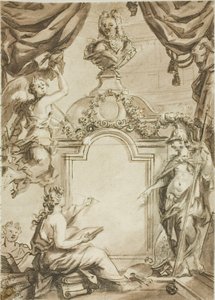 Design för titelsida: Clio tar diktamen från Minerva av Gerard de Lairesse