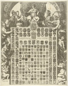 Prins William III:s könsvapen i en allegorisk ram LXIIII Gender Weapons of the Prince of Oraenjen etc. och Weapons of the 7 United Netherlands with its Cities etc. (titel på objektet) av Gerard de Lairesse