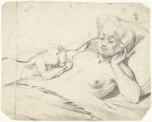 Venus i sängen med att titta på Amor