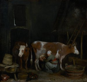 En piga mjölkar en ko i en lada av Gerard ter Borch