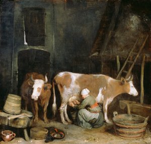 A maid milking a cow in a barn av Gerard ter Borch
