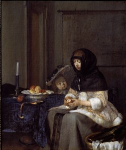 En mamma som skalar ett äpple (olja på duk av Gerard ter Borch