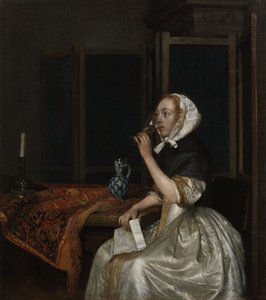 Ung kvinna med ett glas vin, som håller ett brev i handen av Gerard ter Borch