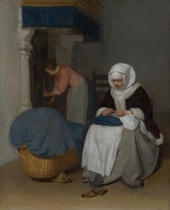 Kvinna som syr bredvid en vagga, ca 1656 av Gerard ter Borch
