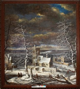En by på vintern med figurer på isen (olja på duk) av Gerard van Edema