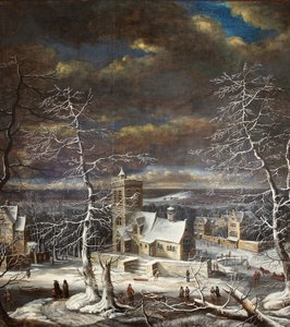 En vinterby i ett vidsträckt landskap med figurer på isen (olja på duk) av Gerard van Edema