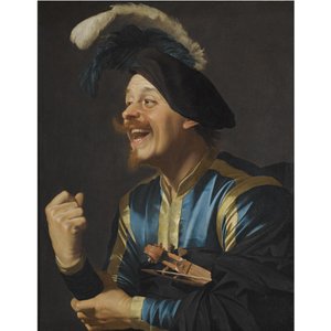 Skrattande musiker med en violin under armen av Gerard van Honthorst