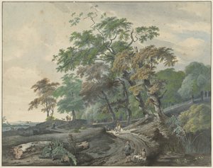 Landskap med en väg genom en skog och en falkjägare