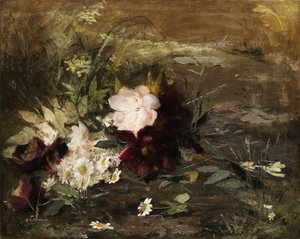 Holländska: Seerosen blommor och prästkragar på stranden
