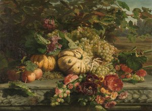 Stilleben med blommor och frukt