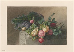 Stilleben med rosor och kålblad