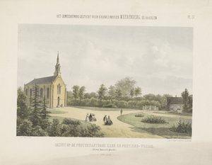 Kyrka och portvaktshus bakom Meerenberg Utsikt över den protestantiska kyrkan och portvaktens hus (titel på objektet) Läkarasylet för galen Meerenberg nära Haarlem (serietitel på objekt) av Gerardus Johannes Bos