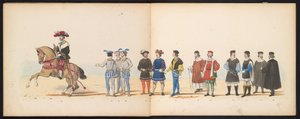Masquerade of the Leiden Students, 1855 (skylt 11) Klädd procession som hölls av medlemmarna i Leidens studentkår den 12 juni 1855, för att fira 280-årsjubileet av Leidsche Hoogeschool, som skildrar Karl V:s inträde i av Gerardus Johannes Bos