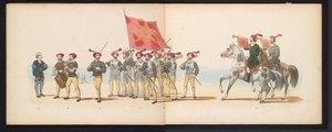 Masquerade of the Leiden Students, 1855 (skylt 12) Klädd procession som hölls av medlemmarna i Leidens studentkår den 12 juni 1855, för att fira 280-årsjubileet av Leidsche Hoogeschool, föreställande Karel V bins inträde av Gerardus Johannes Bos
