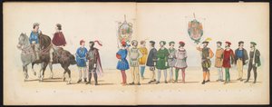 Masquerade of the Leiden Students, 1855 (skylt 13) Klädd procession som hölls av medlemmarna i Leidens studentkår den 12 juni 1855, för att fira 280-årsjubileet av Leidsche Hoogeschool, som skildrar Karl V:s inträde i