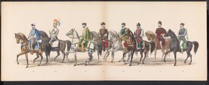 Leidenstudenternas maskerad, 1870 (skylt 13) Klädd procession som hölls av medlemmarna i Leidens studentkår den 7 juni 1870, för att fira 295-årsjubileet av Leidsche Hoogeschool, representerande ett besök i Leiden i av Gerardus Johannes Bos