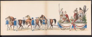 Masquerade of the Leiden Students, 1870 (skylt 15) Klädd procession som hölls av medlemmarna i Leidens studentkår den 7 juni 1870, för att fira 295-årsjubileet av Leidsche Hoogeschool, representerande ett besök i Leiden i av Gerardus Johannes Bos