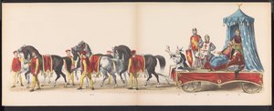 Masquerade of the Leiden Students, 1870 (skylt 3) Klädd procession som hölls av medlemmarna i Leidens studentkår den 7 juni 1870, för att fira 295-årsjubileet av Leidsche Hoogeschool, föreställande ett besök i Leiden i