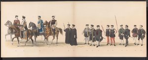 Masquerade of the Leiden Students, 1870 (skylt 6) Klädd procession som hölls av medlemmarna i Leidens studentkår den 7 juni 1870, för att fira 295-årsjubileet av Leidsche Hoogeschool, föreställande ett besök i Leiden i av Gerardus Johannes Bos