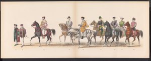 Masquerade of the Leiden Students, 1870 (skylt 8) Klädd procession som hölls av medlemmarna i Leidens studentkår den 7 juni 1870, för att fira 295-årsjubileet av Leidsche Hoogeschool, föreställande ett besök i Leiden i av Gerardus Johannes Bos