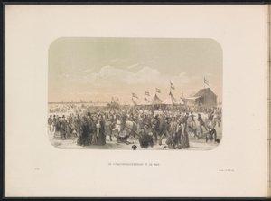 Skridskoåkning på Maas i Rotterdam, 1855 Skridskobanan på Maas (titel på objekt) Isunderhållning på Maas i Rotterdam i februari 1855, med bildtexter (serietitel på objekt)