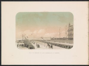 Race för häst och vagn på Maas i Rotterdam, 1855 Utsikt över selekapplöpningen med häst- och gycklarsläde, längs Willemskade (titel på objektet) Isunderhållningen på Maas i Rotterdam i februari 1855, med bildtexter (serietitel på objekt) av Gerardus Johannes Bos