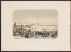 Tävling om issegelbåtar på Maas i Rotterdam, 1855 Utsikt över hårdseglingsfesten med isbåtar (titel på objekt) Isunderhållningen på Maas i Rotterdam i februari 1855, med bildtexter (serietitel på objekt) av Gerardus Johannes Bos