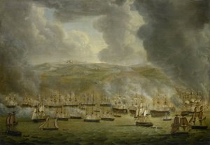 Attacken av den kombinerade anglo-holländska skvadronen på Alger, 1816 av Gerardus Laurentius Keultjes