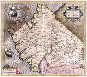 Galicien, Santiago de Compostela, Monforte de Lemos, nordvästra Spanien (gravyr av Gerardus Mercator