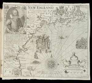 Karta över New England, från Historia Mundi: eller Mercators Atlas, London, 1635 av Gerardus Mercator